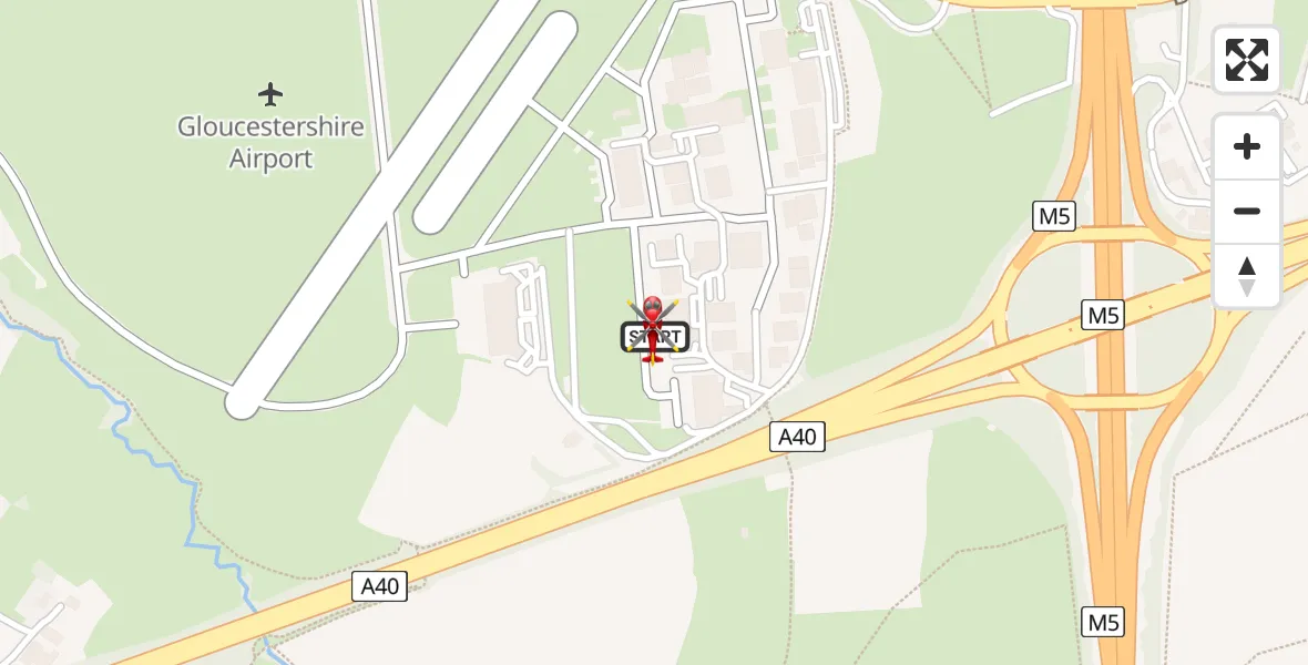 Flight path map showing Air Ambulance Helicopter route from Gloucestershire Airport to Tewkesbury