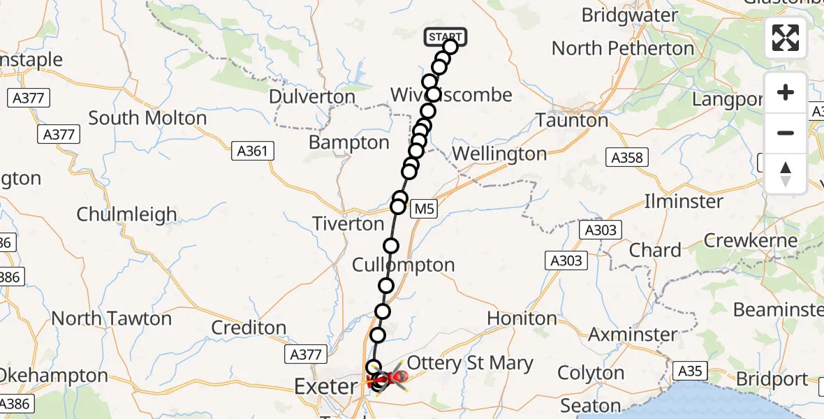 Flight path map showing Air Ambulance Helicopter route from Elworthy to Exeter International Airport