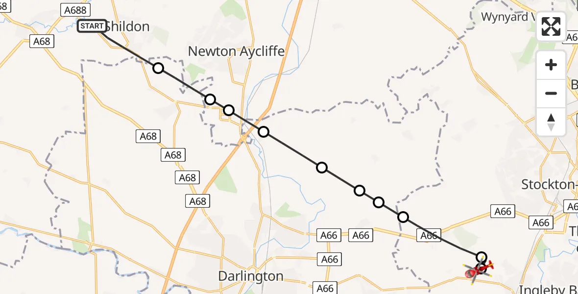 Flight path map showing Air Ambulance Helicopter route from Shildon to Egglescliffe