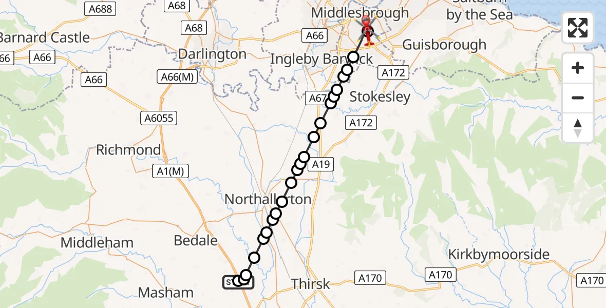 Flight path map showing Air Ambulance Helicopter route from Kirklington to James Cook University Hospital