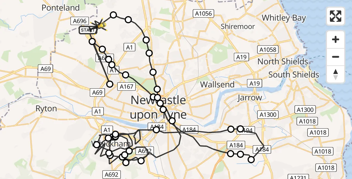 Flight path map showing Police Helicopter route from Newcastle International Airport to Newcastle International Airport