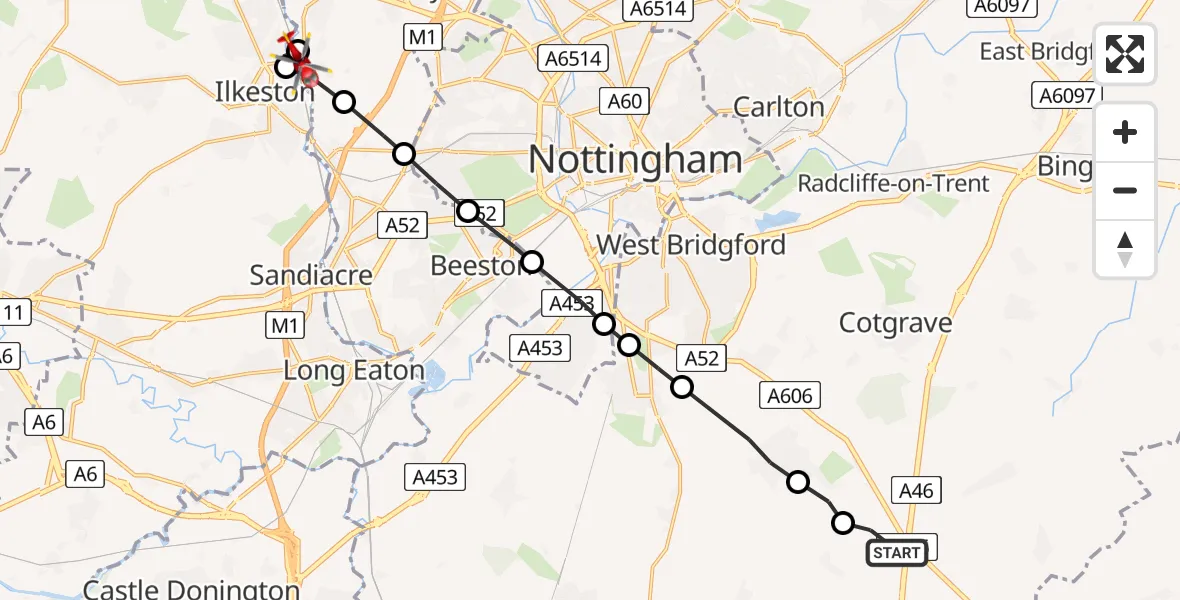 Flight path map showing Air Ambulance Helicopter route from Widmerpool to Cossall
