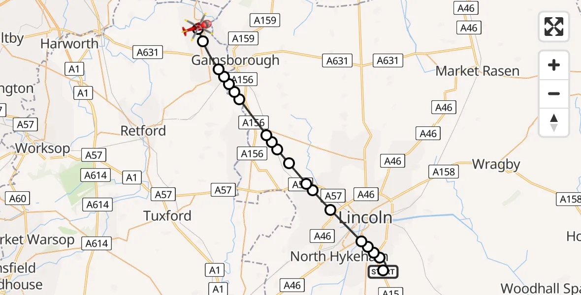 Flight path map showing Air Ambulance Helicopter route from RAF Waddington to Misterton