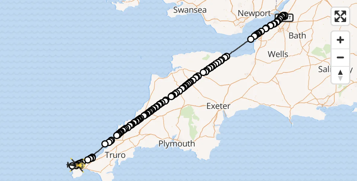 Flight path map showing Police Helicopter route from Almondsbury Helicopter Base to Bojewyan