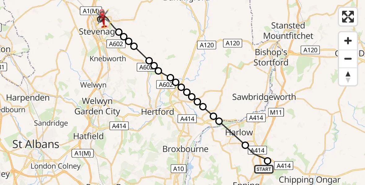 Flight path map showing Air Ambulance Helicopter route from North Weald Airfield to Stevenage