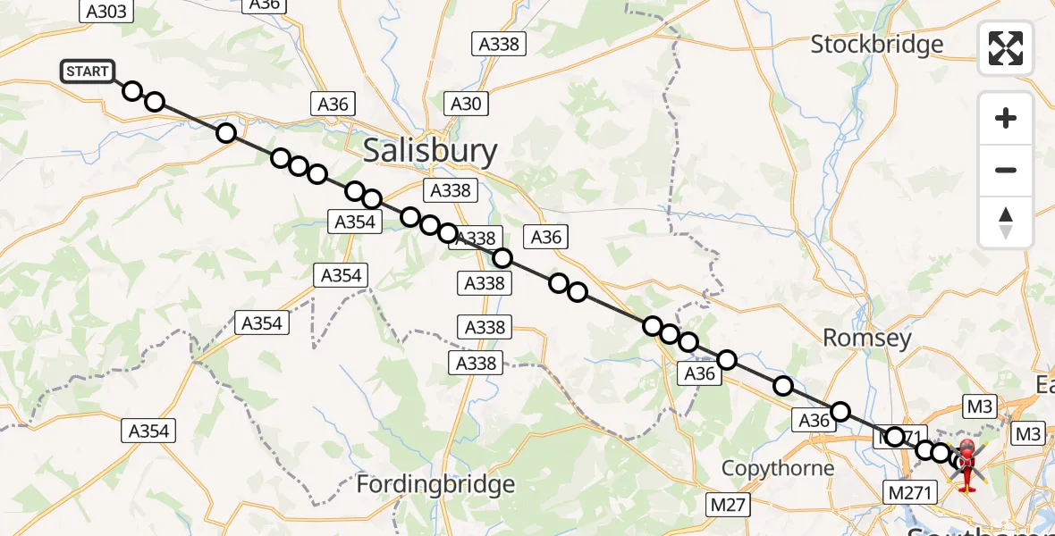 Flight path map showing Air Ambulance Helicopter route from Teffont Magna to University Hospital Southampton