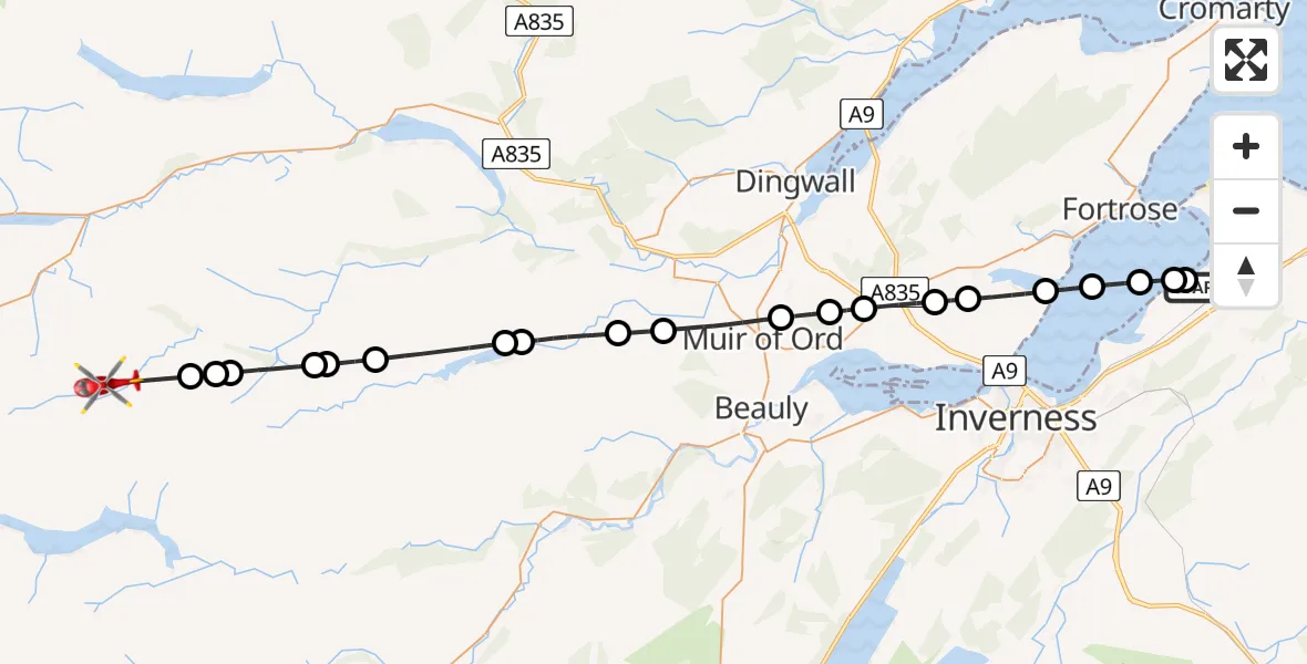 Flight path map showing Air Ambulance Helicopter route from Ardersier to Highland