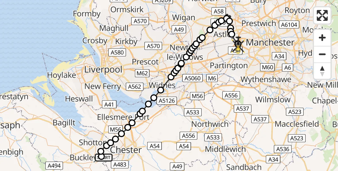 Flight path map showing Police Helicopter route from Hawarden Airport to Manchester Barton Aerodrome