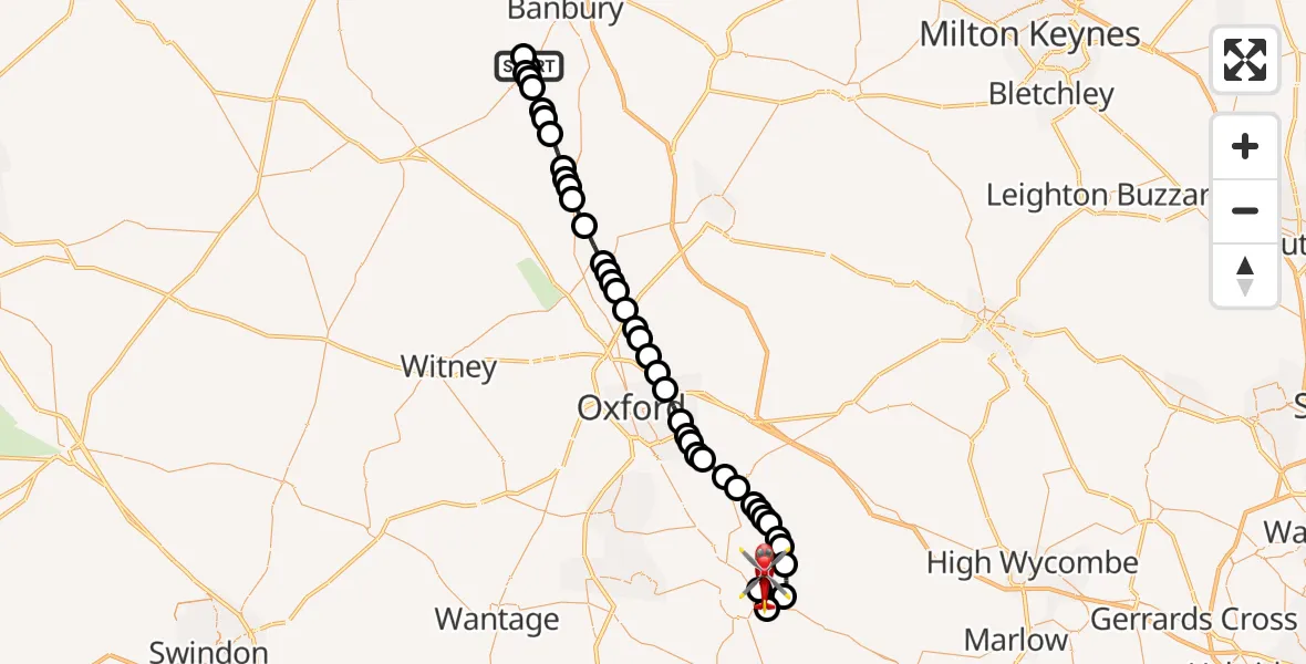 Flight path map showing Air Ambulance Helicopter route from Bloxham to RAF Benson