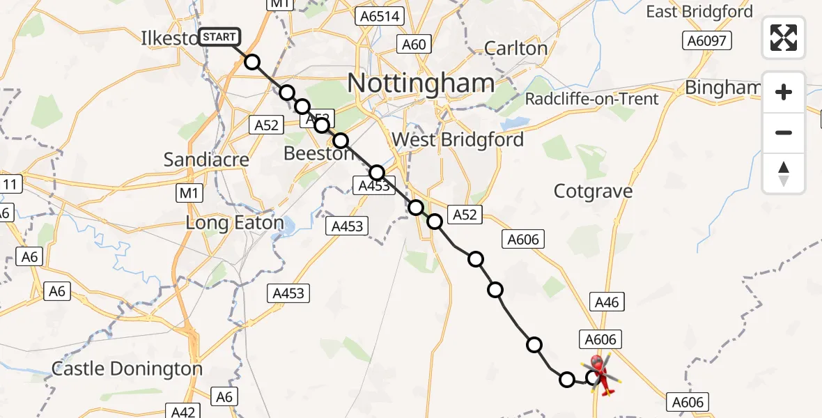 Flight path map showing Air Ambulance Helicopter route from Cossall to Nottingham Heliport