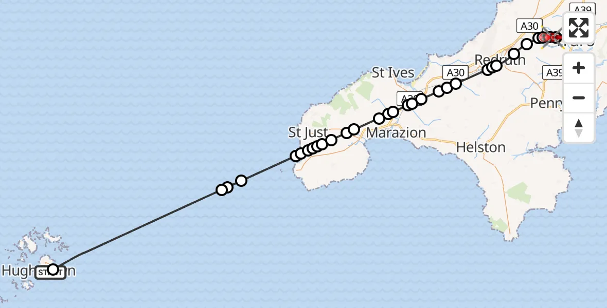 Flight path map showing Air Ambulance Helicopter route from St. Mary's Airport to Langarth