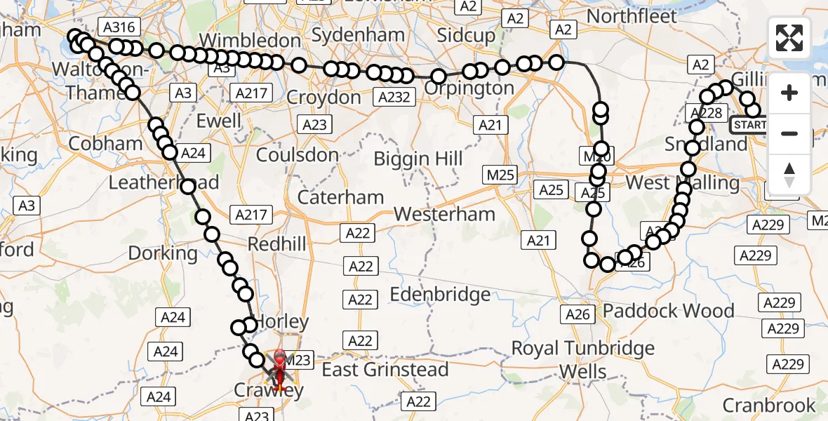 Flight path map showing Air Ambulance Helicopter route from Rochester Airport to Crawley