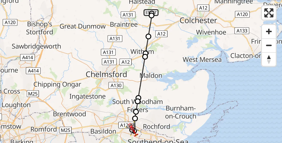 Flight path map showing Air Ambulance Helicopter route from Earls Colne Airfield to Rayleigh