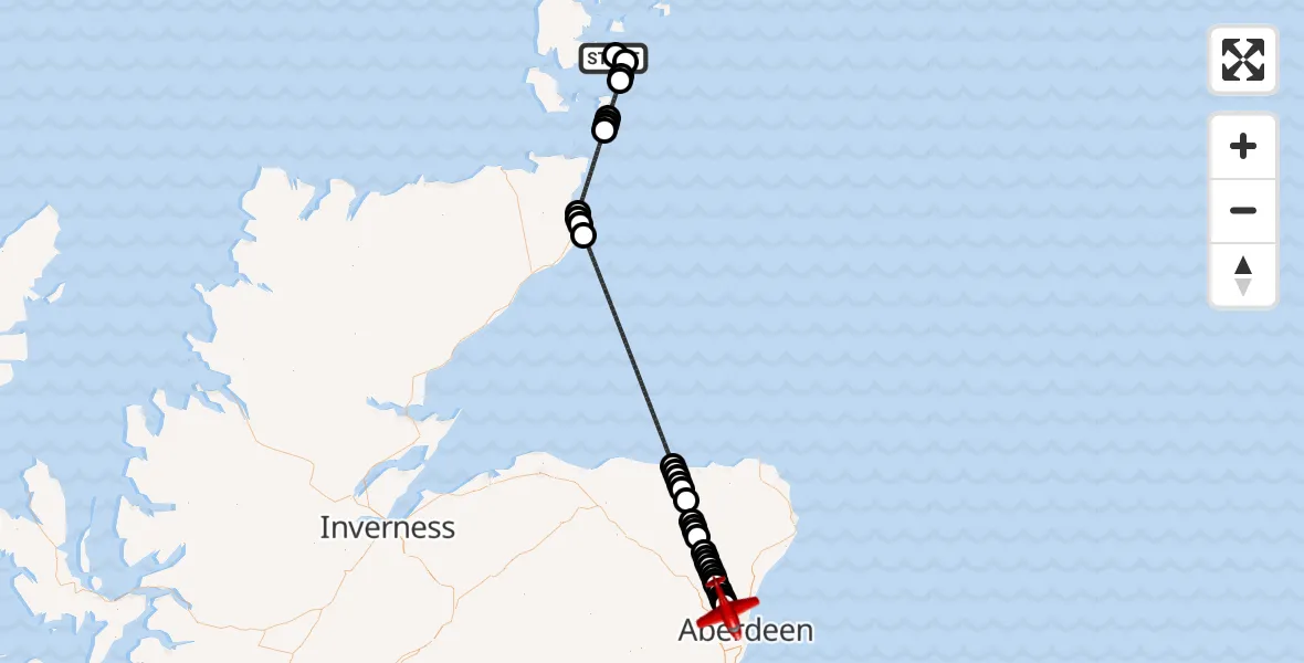 Flight path map showing Air Ambulance Aircraft route from Kirkwall Airport to Dyce