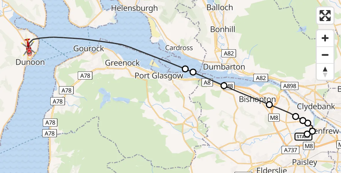 Flight path map showing Air Ambulance Helicopter route from Glasgow Airport to Inner Seas