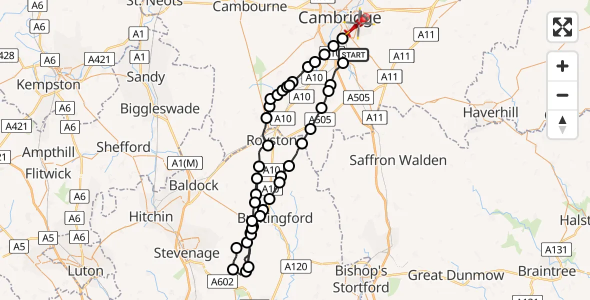 Flight path map showing Air Ambulance Helicopter route from Great Shelford to Cambridge