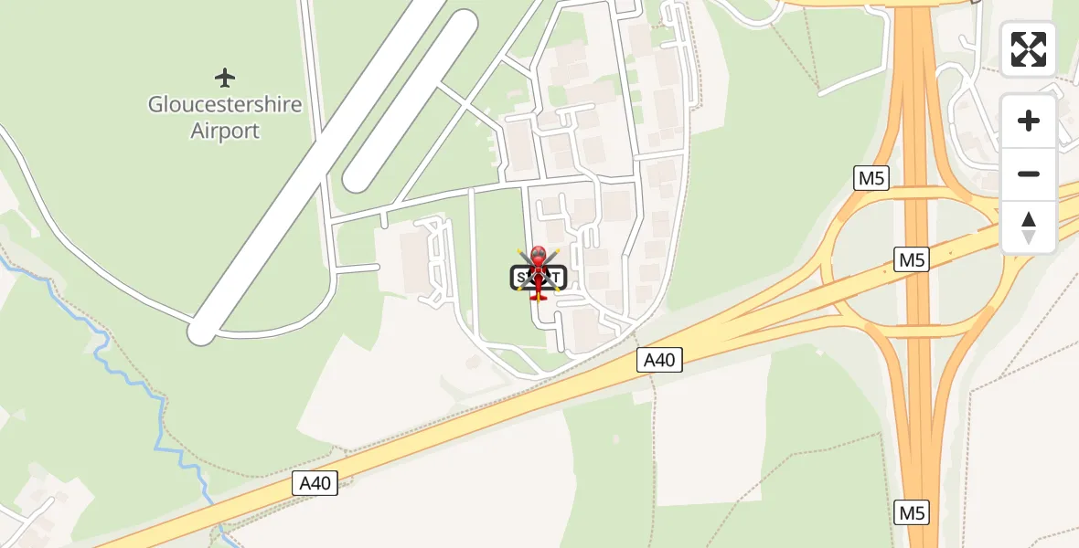 Flight path map showing Air Ambulance Helicopter route from Gloucestershire Airport to Tewkesbury