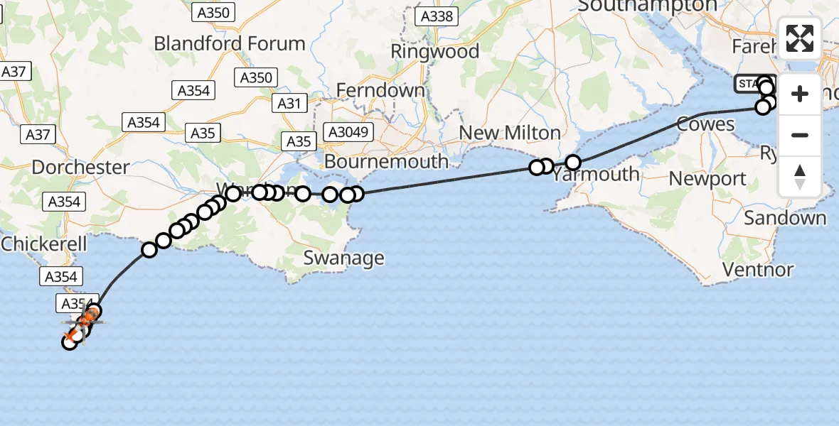 Flight path map showing Coastguard Helicopter route from Solent Airport to Southwell