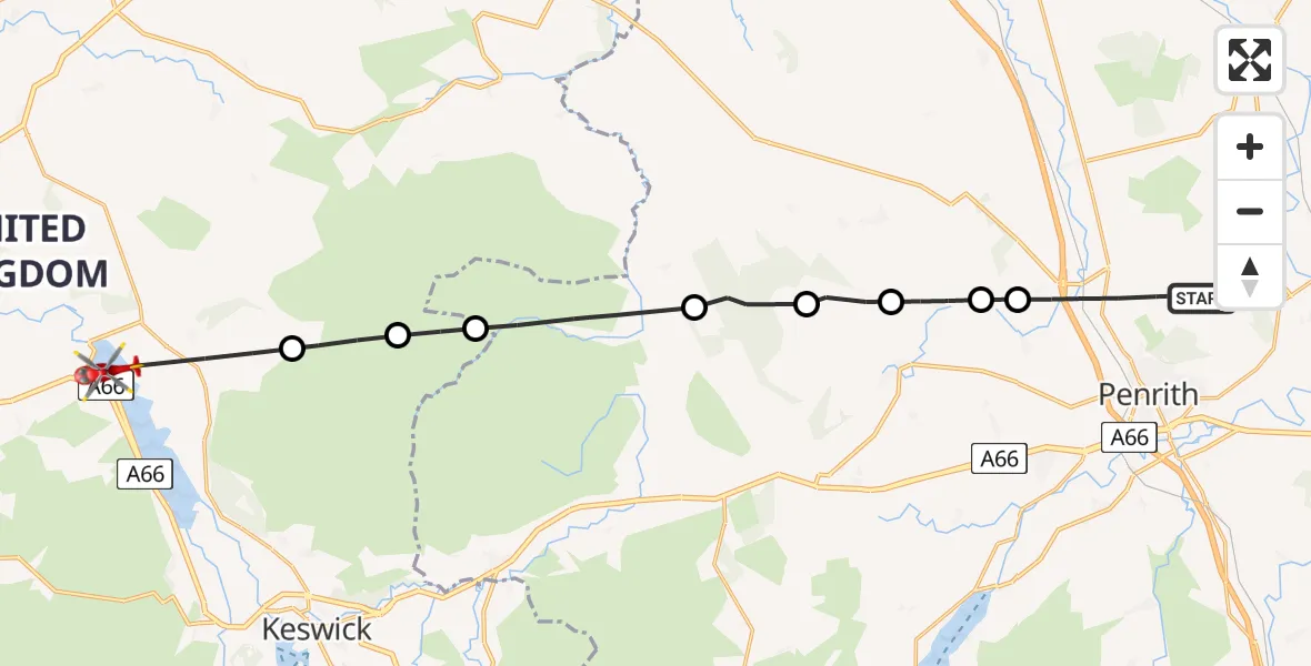 Flight path map showing Air Ambulance Helicopter route from Penrith to Bassenthwaite Lake