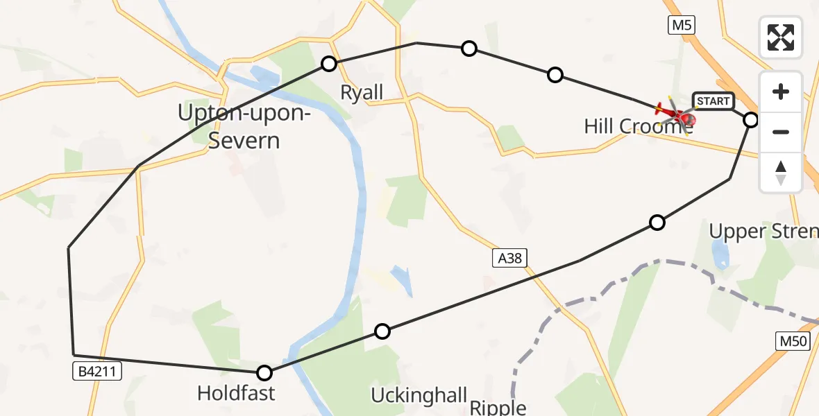 Flight path map showing Air Ambulance Helicopter route from Hill Croome to Upper Strensham