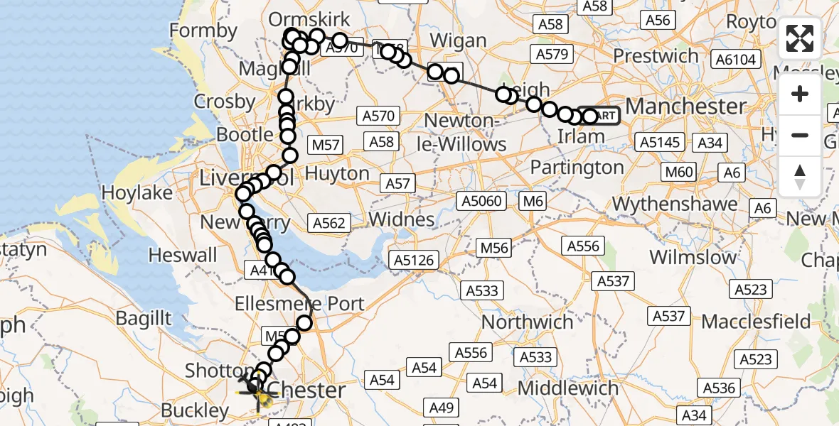 Flight path map showing Police Helicopter route from Manchester Barton Aerodrome to Saltney Ferry