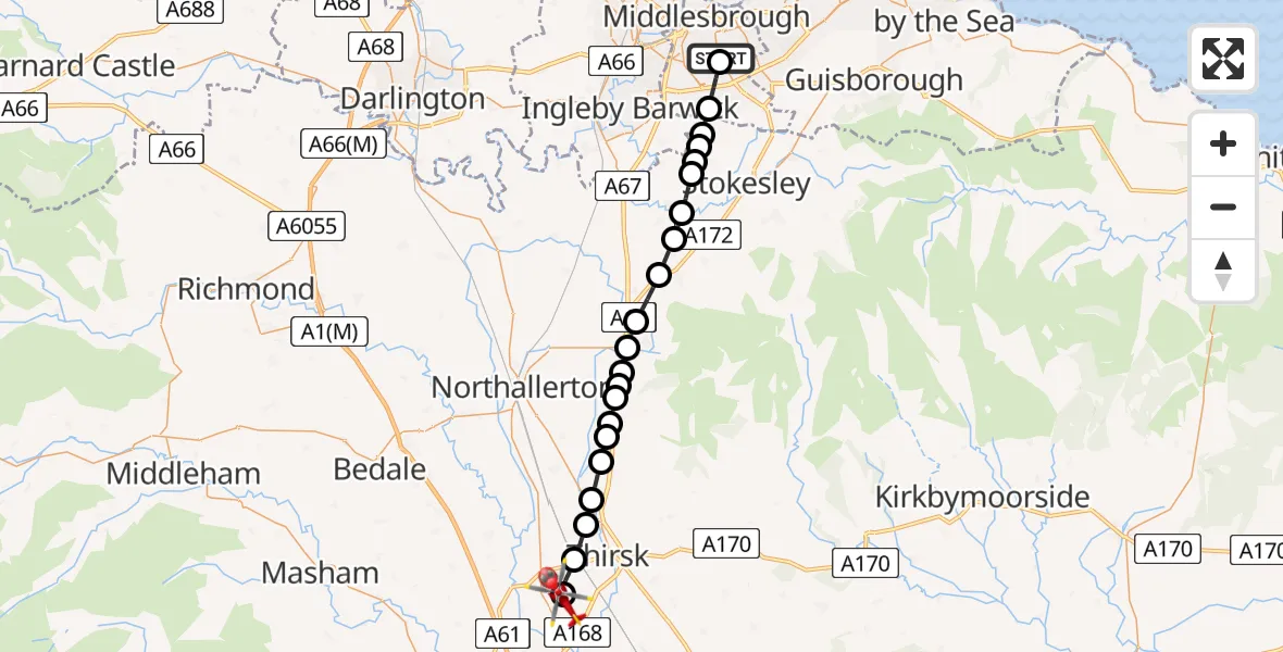 Flight path map showing Air Ambulance Helicopter route from James Cook University Hospital to RAF Topcliffe