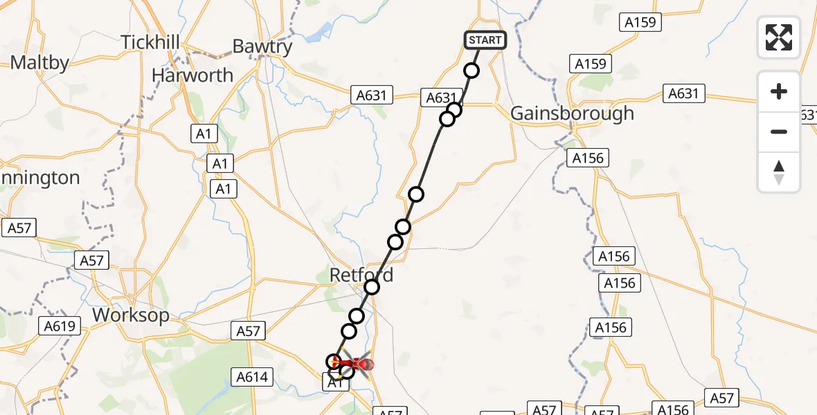 Flight path map showing Air Ambulance Helicopter route from Misterton to Retford Gamston Airport