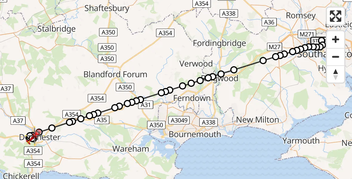 Flight path map showing Air Ambulance Helicopter route from University Hospital Southampton to Dorchester