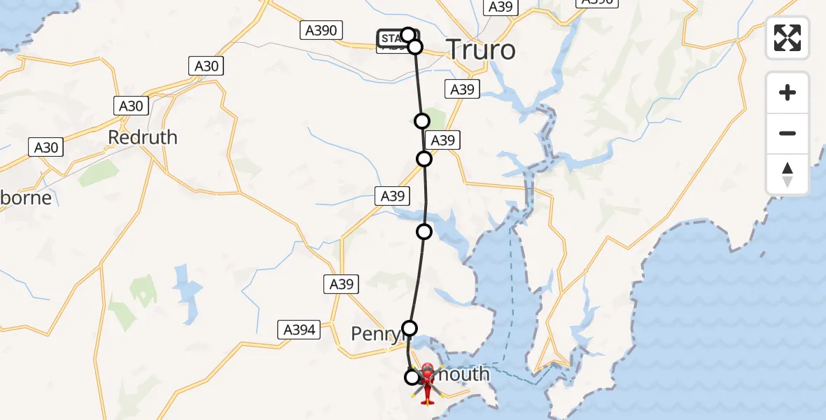 Flight path map showing Air Ambulance Helicopter route from Treliske Hospital to Falmouth
