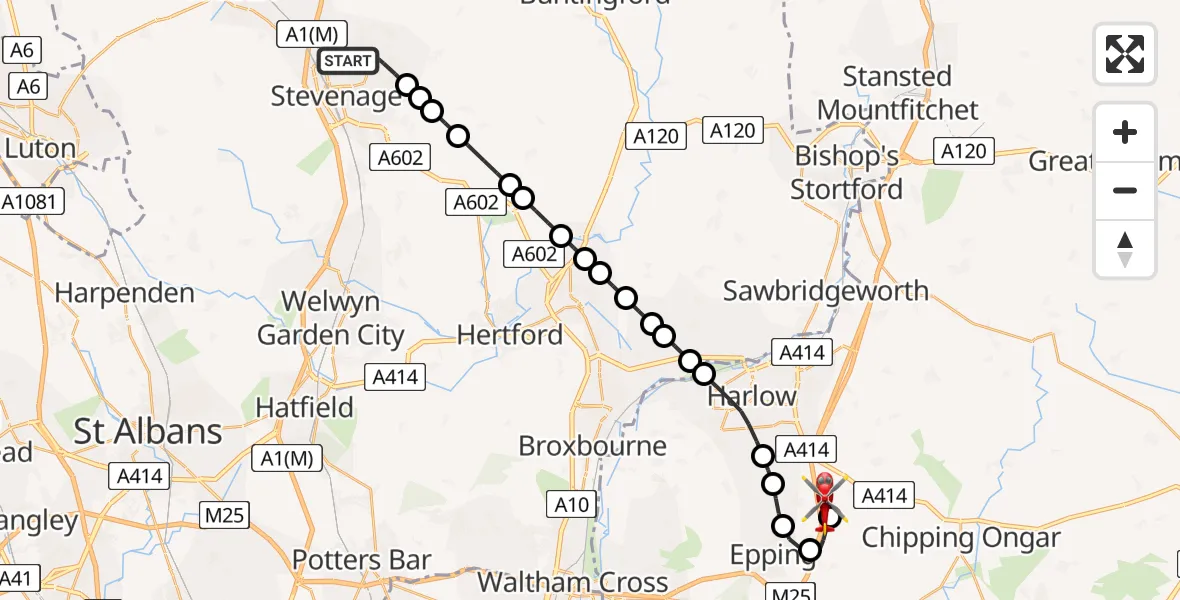 Flight path map showing Air Ambulance Helicopter route from Stevenage to North Weald Airfield
