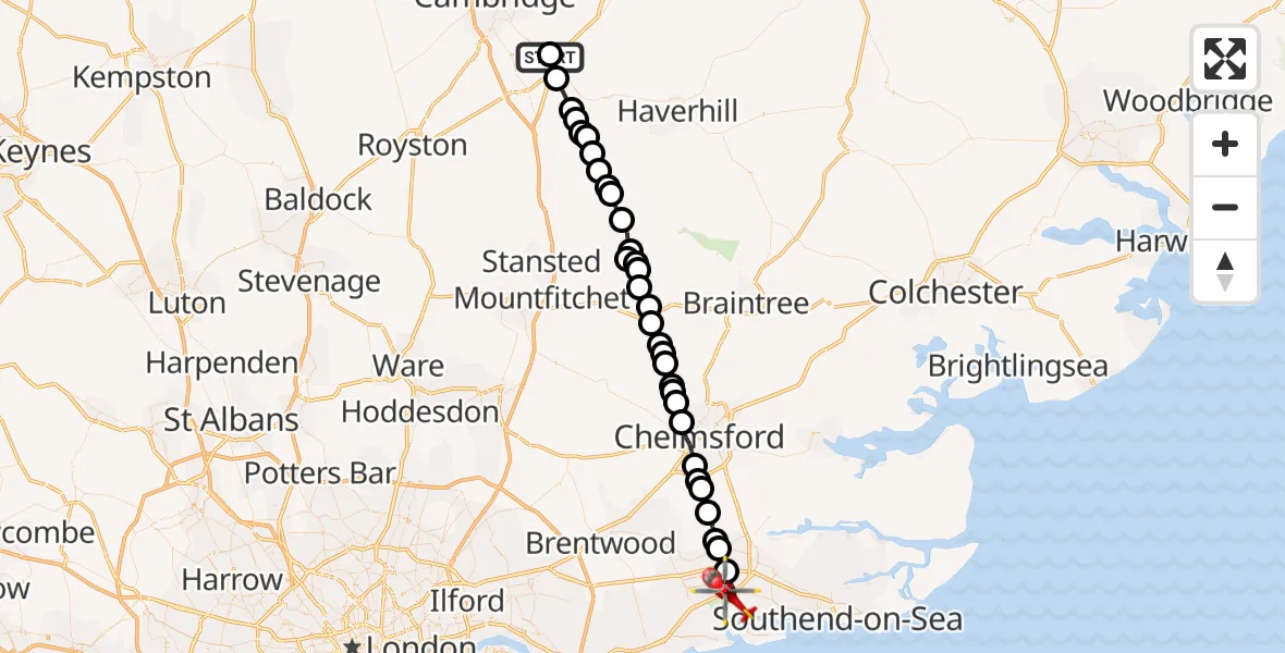 Flight path map showing Air Ambulance Helicopter route from Babraham to Basildon