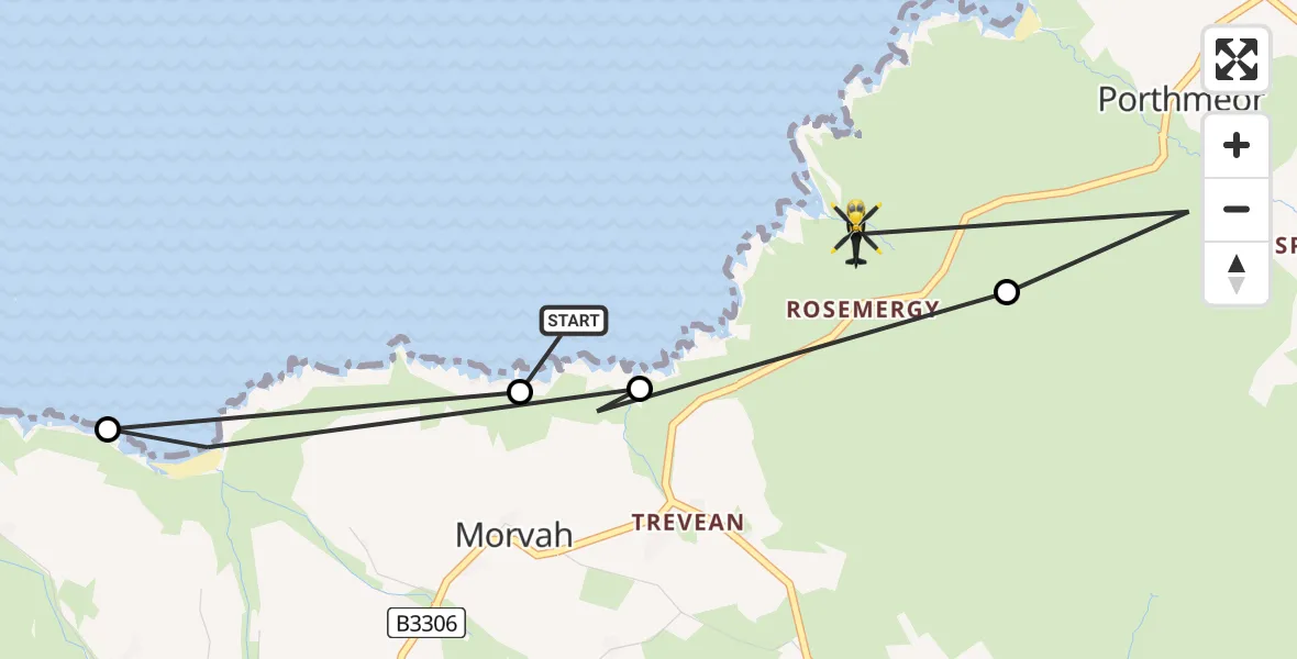 Flight path map showing Police Helicopter route from Morvah to Bojewyan