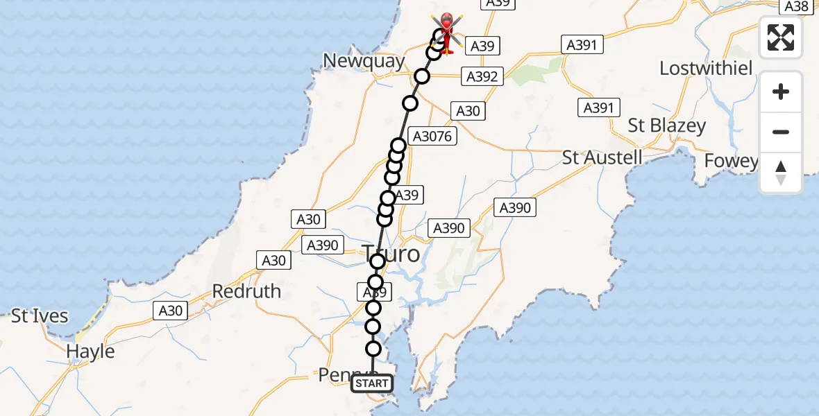 Flight path map showing Air Ambulance Helicopter route from Falmouth to Cornwall Airport Newquay