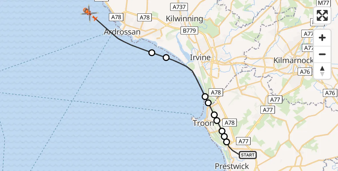 Flight path map showing Coastguard Helicopter route from Glasgow Prestwick Airport to Inner Seas