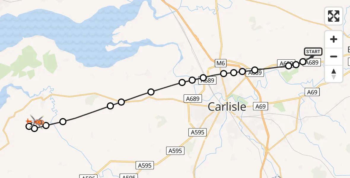 Flight path map showing Coastguard Helicopter route from Carlisle Lake District Airport to Kirkbride Airfield