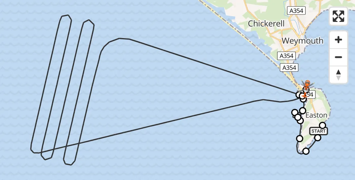 Flight path map showing Coastguard Helicopter route from Southwell to RNAS Portland Heliport