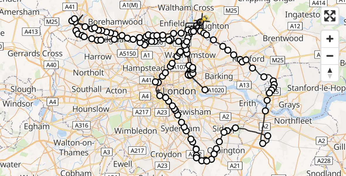 Flight path map showing Police Helicopter route from Sewardstonebury to Metropolitan Police Air Support Unit Lippitts Hill