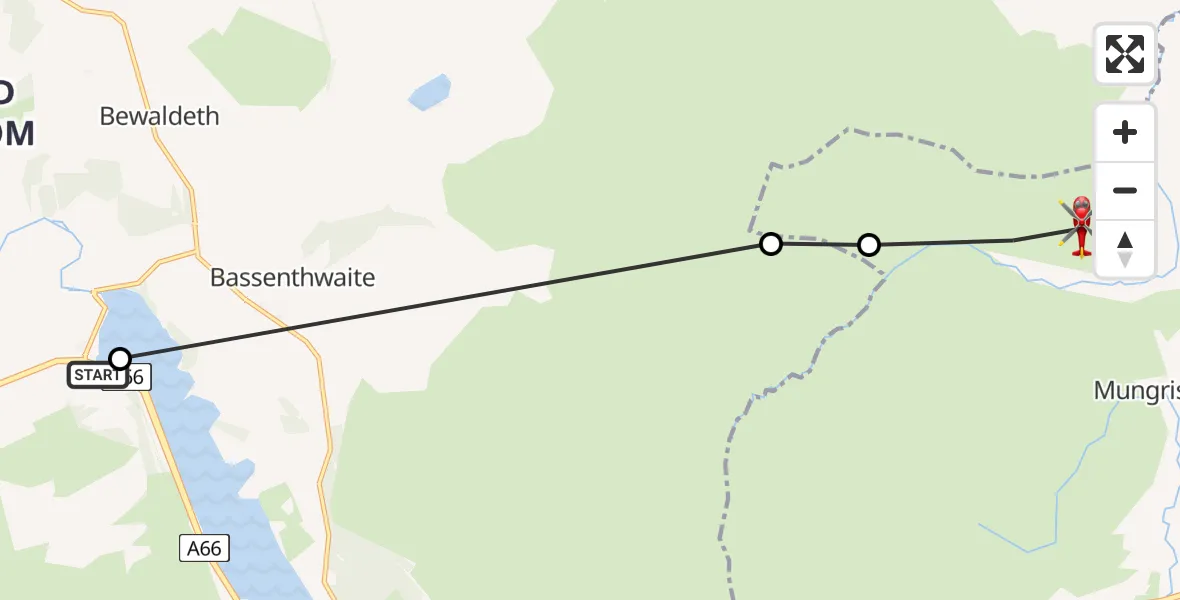 Flight path map showing Air Ambulance Helicopter route from Wythop to Mungrisdale