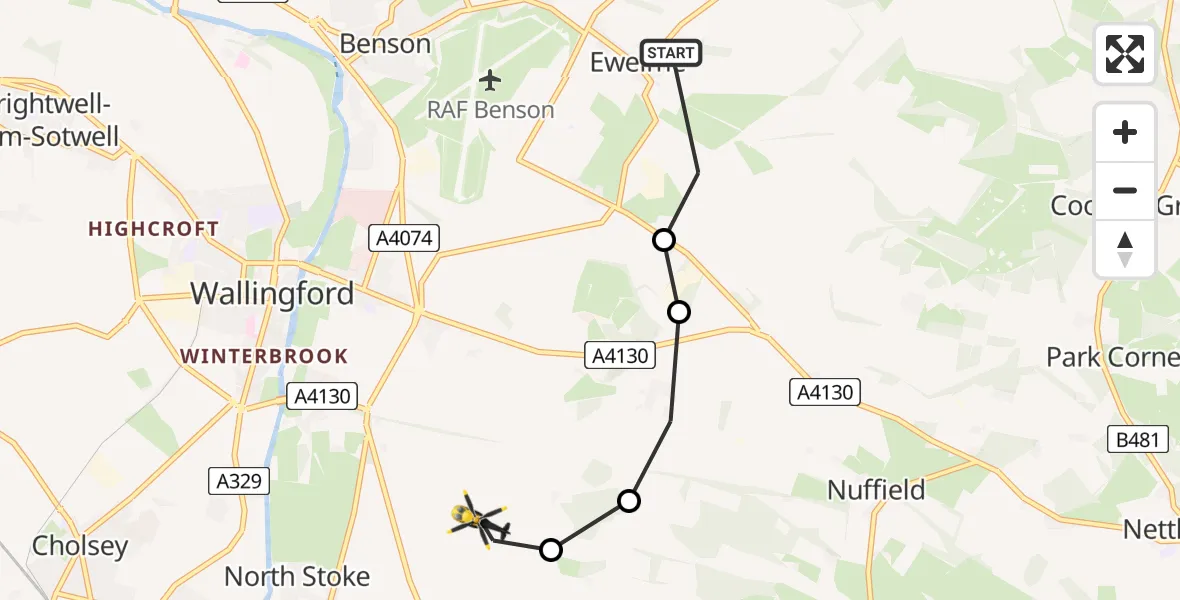 Flight path map showing Police Helicopter route from Ewelme to Ipsden