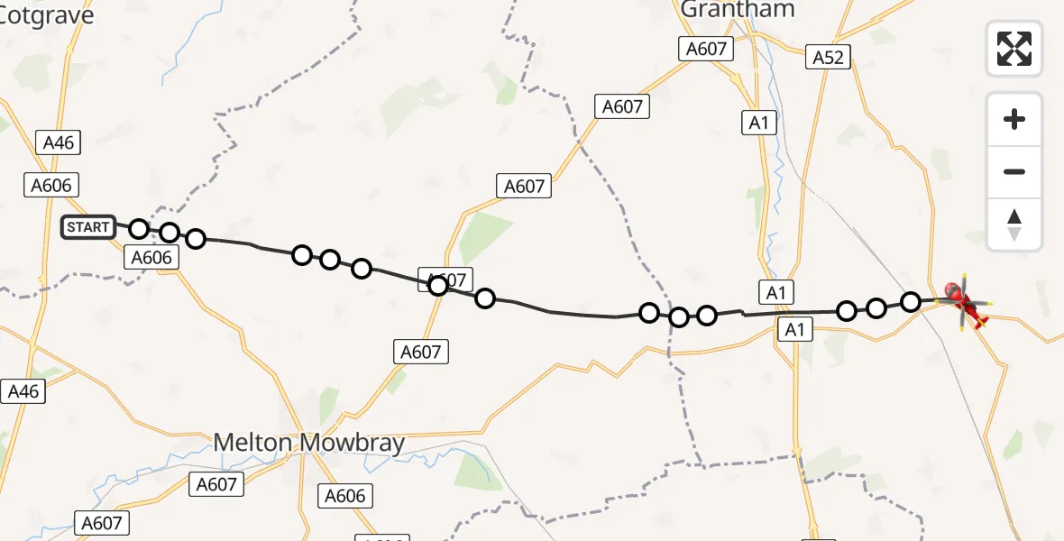 Flight path map showing Air Ambulance Helicopter route from Hickling to Corby Glen