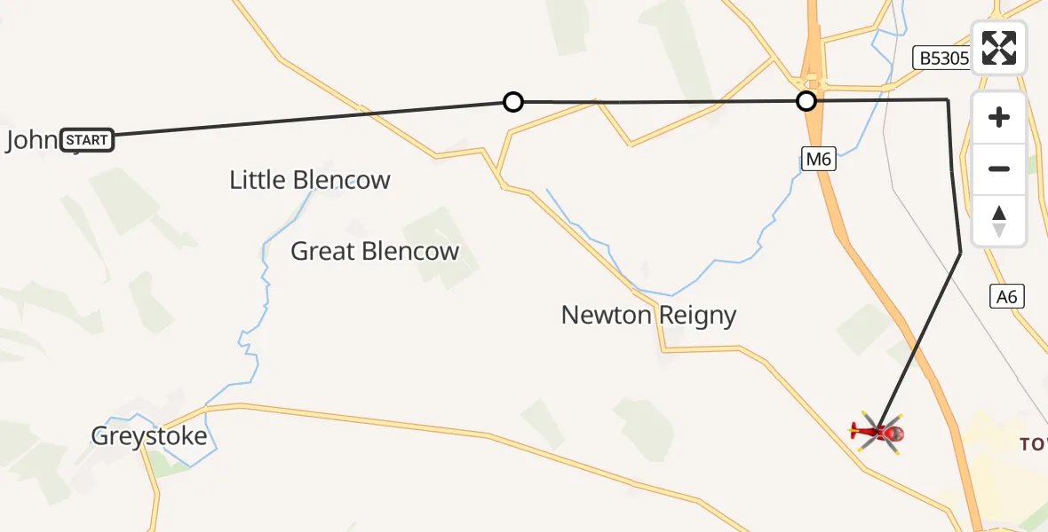 Flight path map showing Air Ambulance Helicopter route from Johnby to Penrith