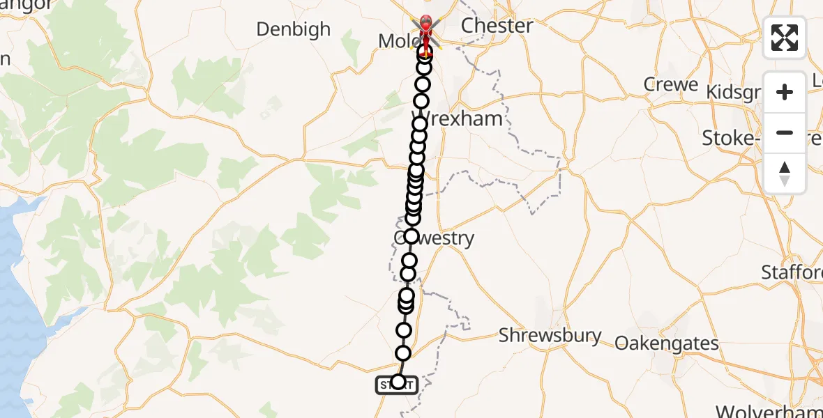 Flight path map showing Air Ambulance Helicopter route from Welshpool Airport to Buckley