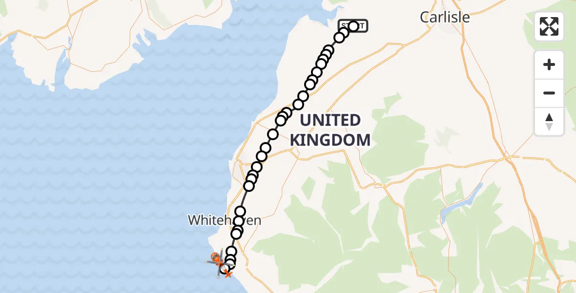 Flight path map showing Coastguard Helicopter route from Kirkbride Airfield to St Bees