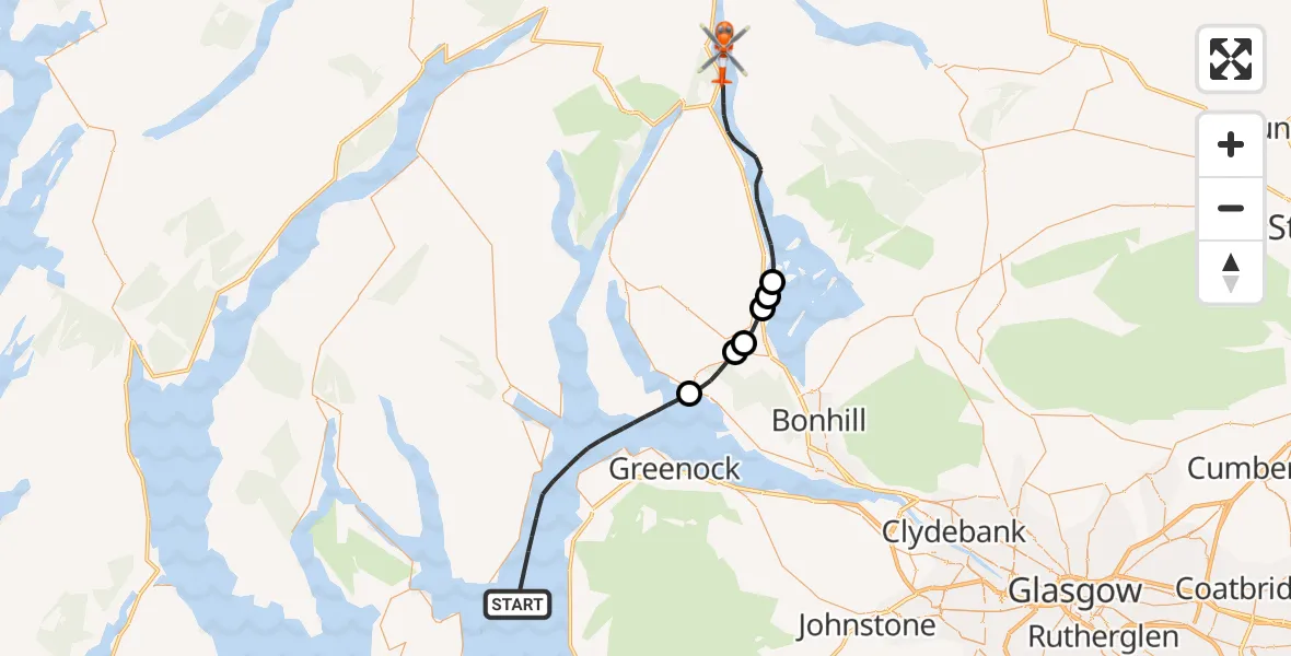 Flight path map showing Coastguard Helicopter route from Inner Seas to Loch Lomond