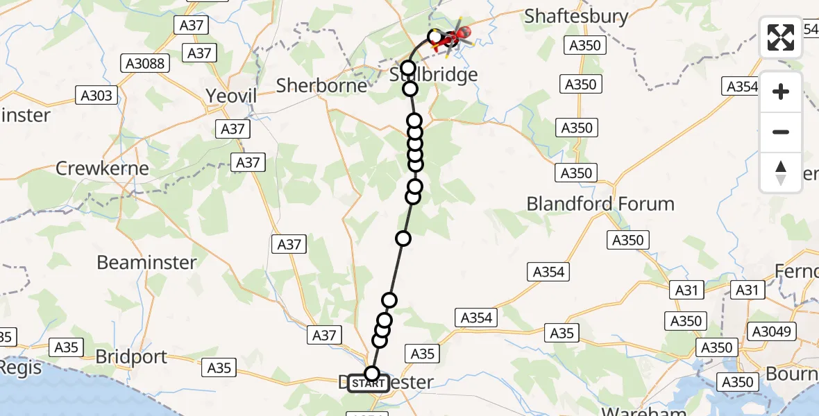 Flight path map showing Air Ambulance Helicopter route from Dorchester to Henstridge Airfield