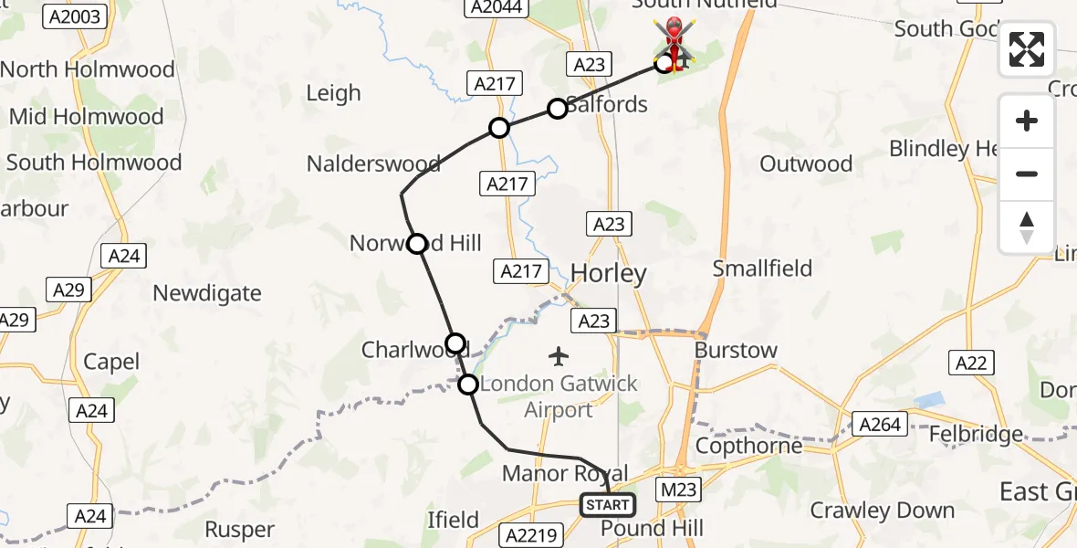Flight path map showing Air Ambulance Helicopter route from Crawley to Redhill Aerodrome
