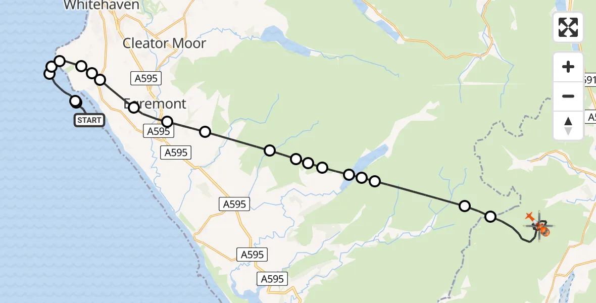 Flight path map showing Coastguard Helicopter route from St Bees to Coniston