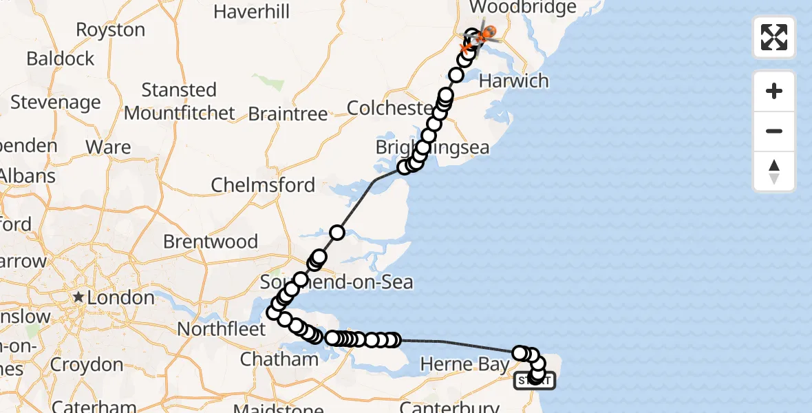 Flight path map showing Coastguard Helicopter route from Manston Airport to Ipswich