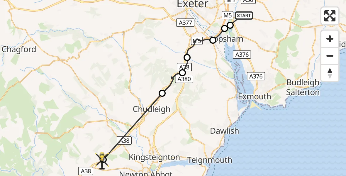 Flight path map showing Police Helicopter route from Clyst St Mary to Bickington