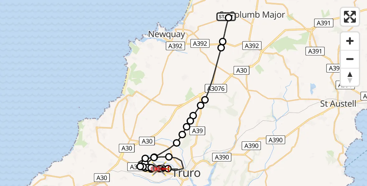Flight path map showing Air Ambulance Helicopter route from Cornwall Airport Newquay to Treliske Hospital